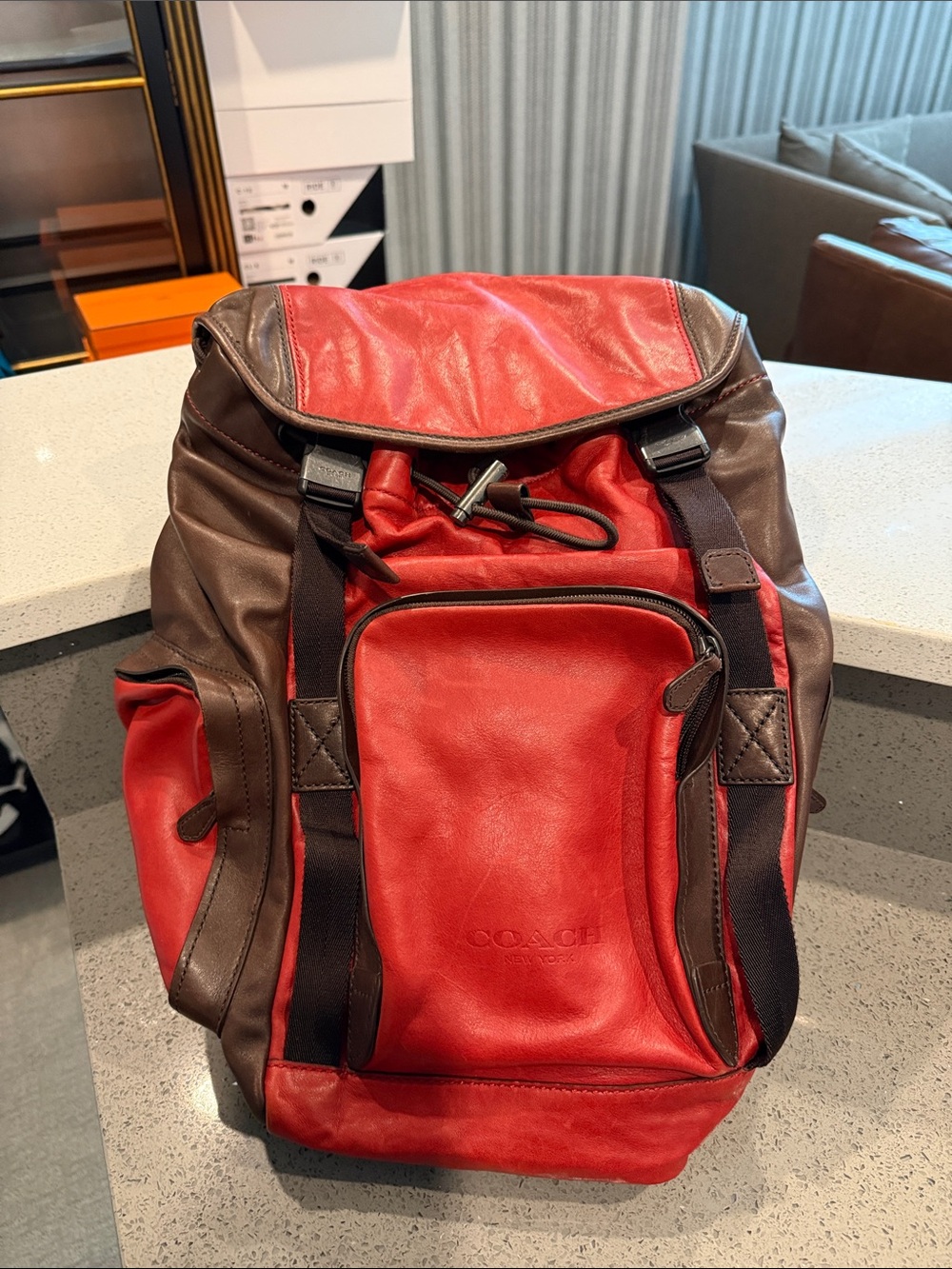 Coach Red and Brown Leather Drawstring Backpack